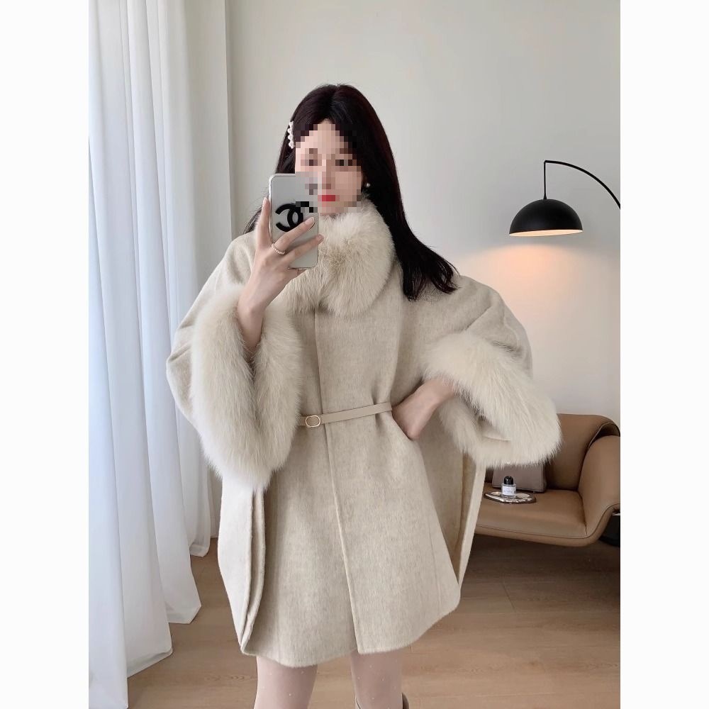 Solid Color Large Fur Collar Lace-Up Wool Coat for Women, New Autumn/Winter Korean Style Celebrity Cape Wool Coat