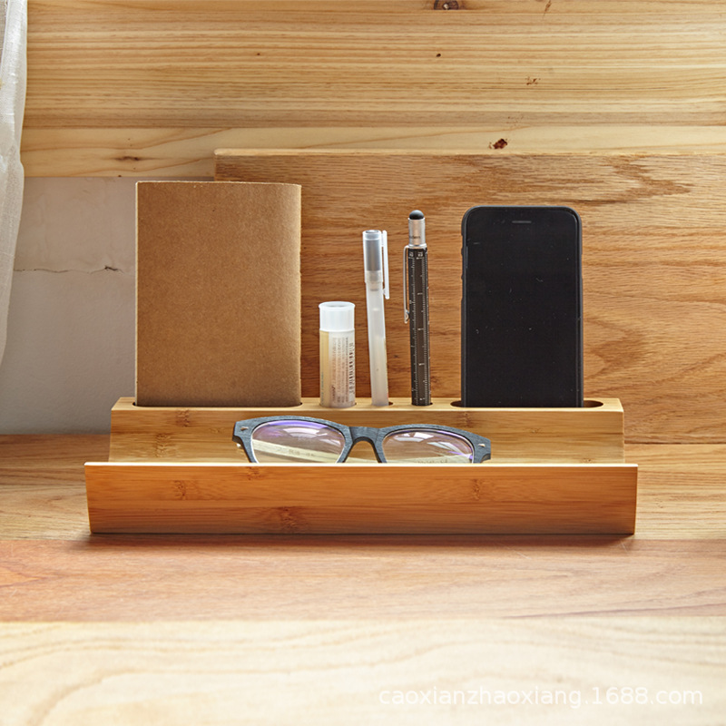 木质桌面手机置物架杂物整理盒办公室桌面手机支架文具名片收纳盒