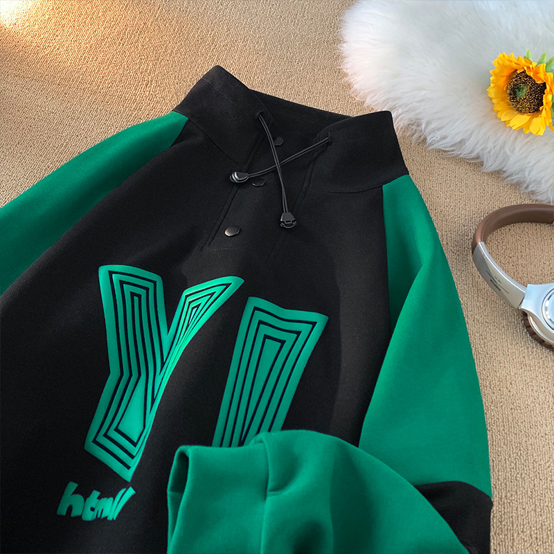 Spring men's standing collar hoodie with contrasting color design and patchwork printed sports pullover for men_voghion.com