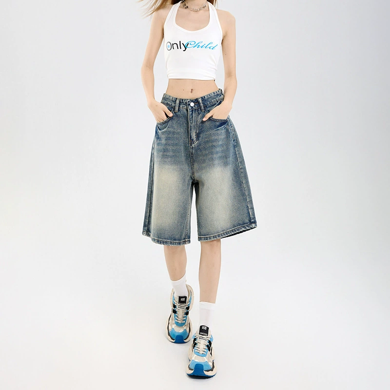 Spring summer trousers, denim skirt, shorts, high waist, loose straight fit