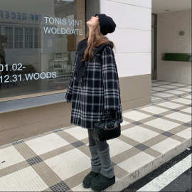 韩版格子拼接慵懒风双面羊毛大衣女2025秋冬季新款显瘦两面穿外套