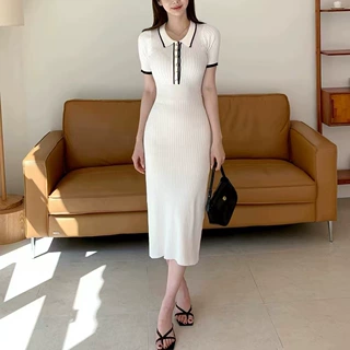 2025韩版春夏装新款Polo领单排扣短袖修身针织连衣裙女包臀中长裙