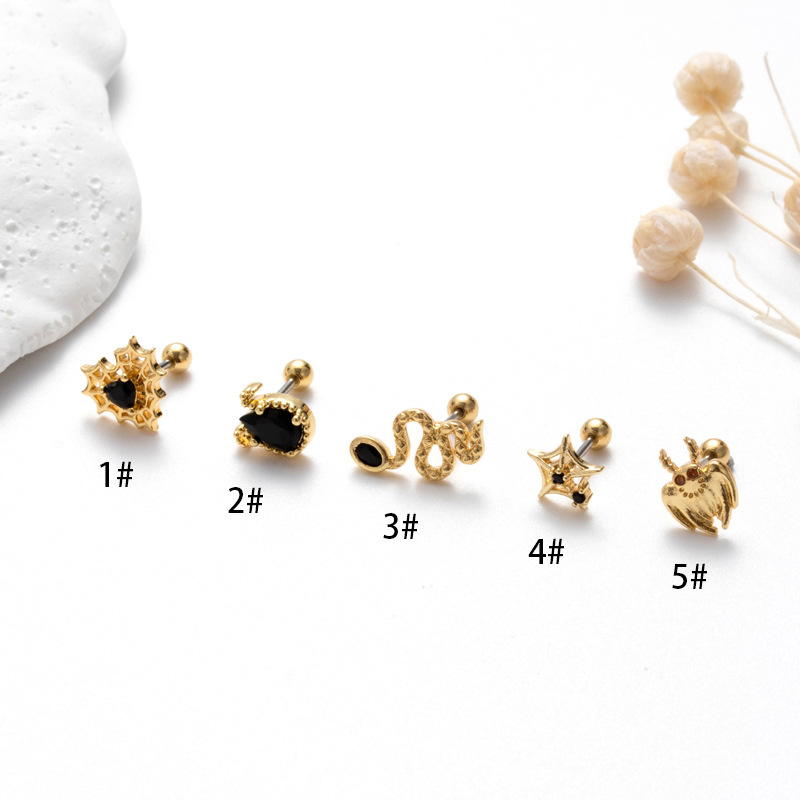 2 pezzi orecchini a doppia testa in zircone nero con vite in acciaio inossidabile, asta sottile, orecchini alla moda per la foratura della cartilagine_voghion.com