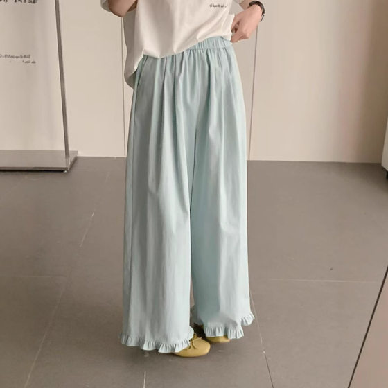 U-grain Korean-style Summer Auricularia Lace Design Casual Pants Women's Loose Slimming All-match Straight Wide-leg Pants Trousers