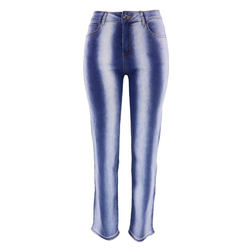 Vaqueros de pierna recta con bloques de color degradados y rayas verticales estilo europeo y americano para mujer, pantalones de mezclilla lavados a rayas de cintura alta que estilizan, exportación.