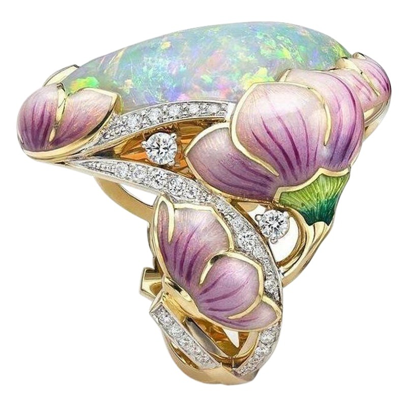 Sanjie joyería Transfronteriza Popular nuevo esmalte ópalo pintado anillo europeo y americano popular flor partido anillo femenino