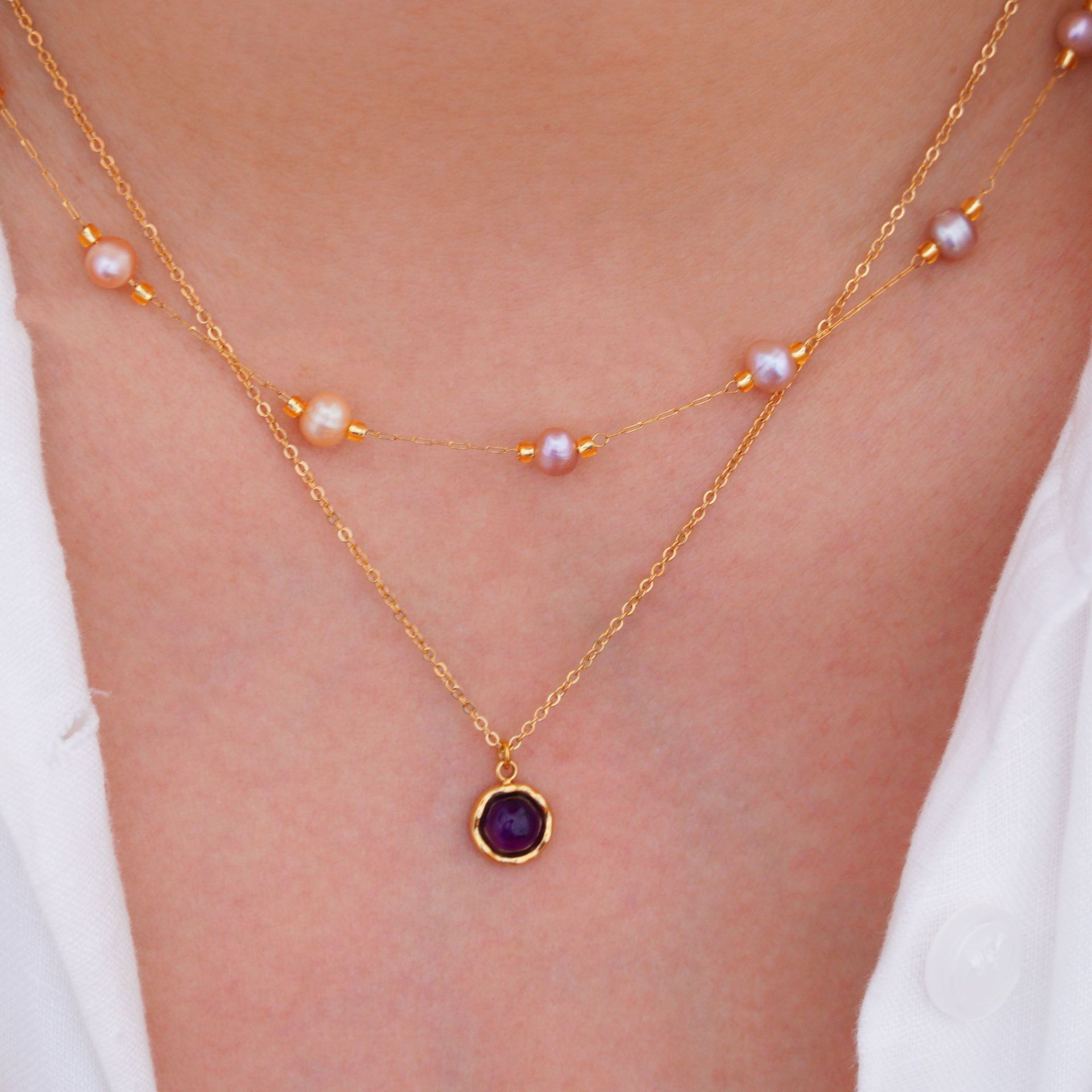 Holiday, Tea Party Occasion Elegant Simple Style Geometric Natural Stone Titanium Steel Cable Chain Pendant Necklace In Bulk