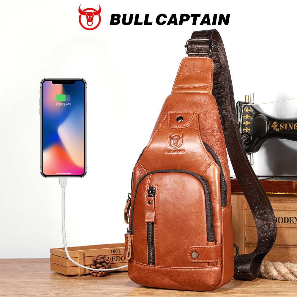 Captain Cow's First-Layer Cowhide Men's Soft Leather Chest Bag, Trendy Genuine Leather Outdoor Casual Large-Capacity Tablet Crossbody Bag
