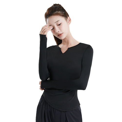 V-neck long-sleeved T-shirt quick-drying nude seamless yoga wear pleated waist slimming tight sports fitness top for women