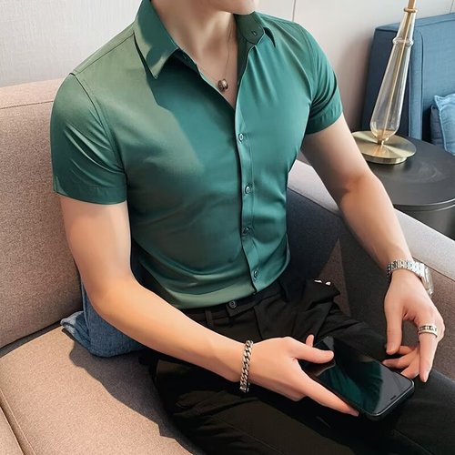 2024 Summer New Men's Short-sleeve Solid Color Shirt Thin Style Square Collar Youth Slim Fit Business Gentleman Fashion