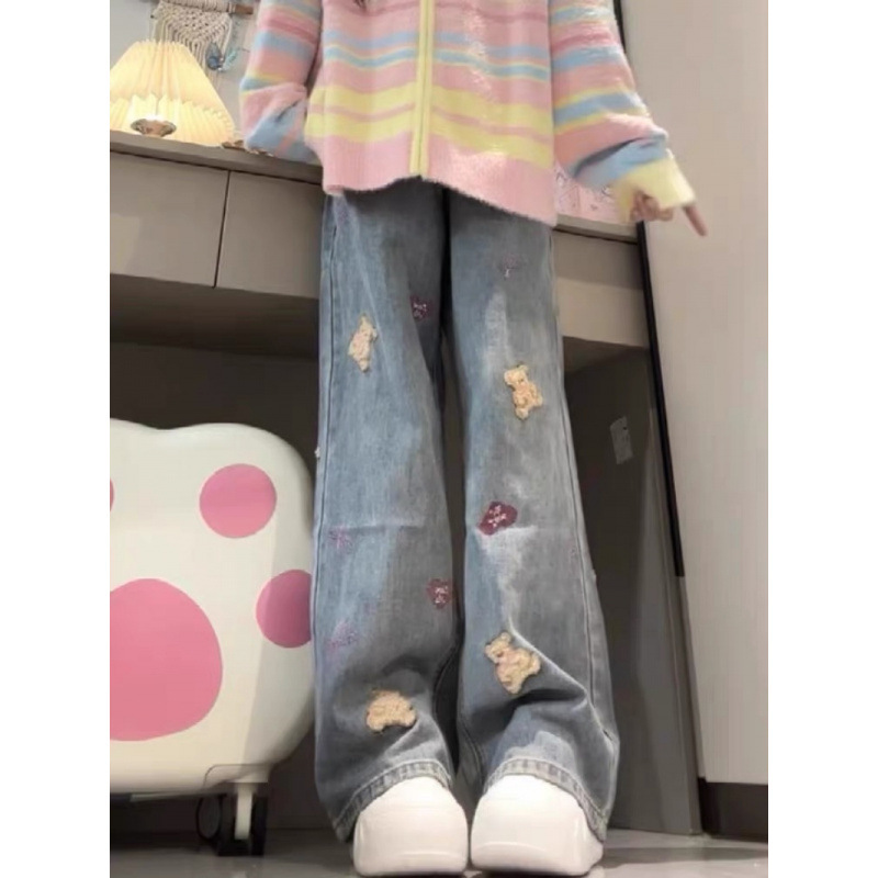 Blue Bear Embroidered Jeans Women's 2025 New Autumn and Winter Retro Slim Loose Straight-Leg High Waist Straight Leg Pants