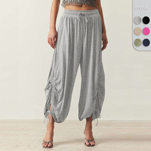 欧美跨境抽绳系带灯笼裤欧美女装2025夏季女裤子设计感显瘦休闲裤