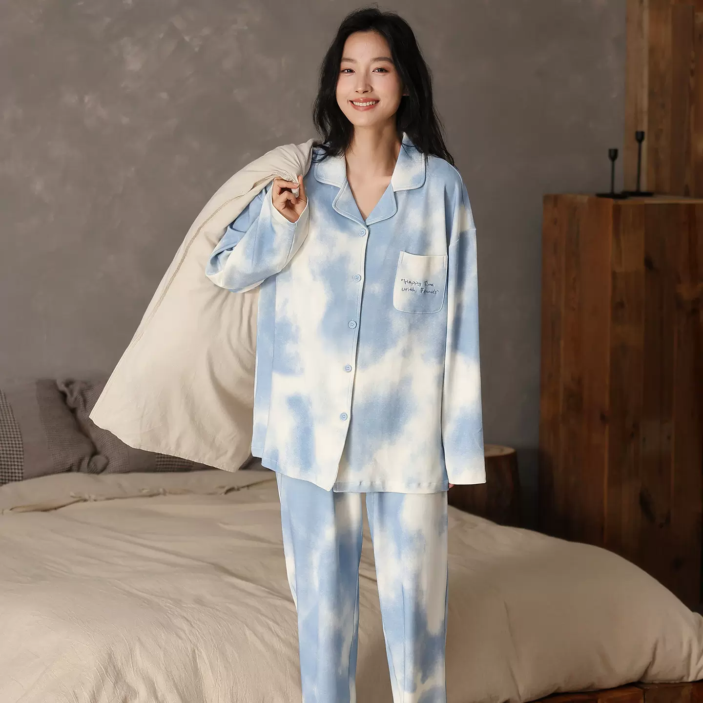 春秋简约休闲睡衣女士韩版纯棉长袖开衫长裤套装高级感大码家居服