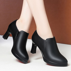 High-heeled women's mid-aged soft leather single shoes black office shoes for women leather shoes mother shoes spring and autumn comfortable women's shoes