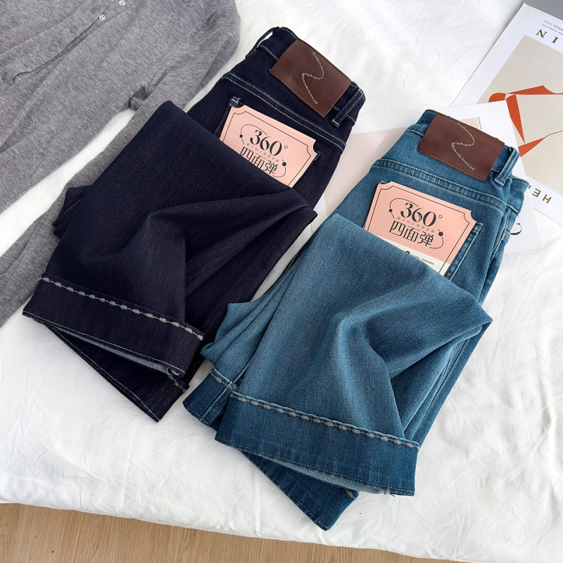 Slimming and Leg-Lengthening Effect! Four-Way Stretch Velvet Straight-Leg Pants for Women, Autumn and Winter Fleece-Lined Rolled Hem Embroidered Cropped Wide-Leg Jeans Slimming and Leg-Lengthening Effect! Four-Way Stretch Velvet Straight-Leg Pants for Women, Autumn and Winter Fleece-Lined Rolled Hem Embroidered Cropped Wide-Leg Jeans