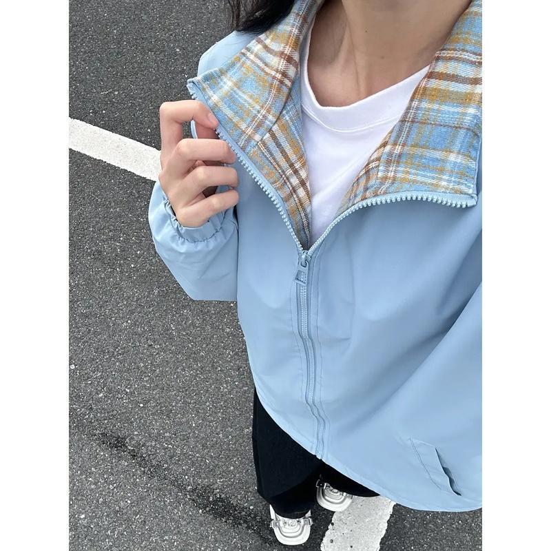 跨境男士格子双面秋季夹克新款百搭潮牌美式立领外套宽松休闲情侣|undefined