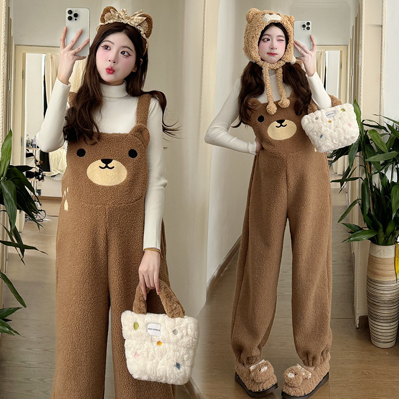 2025 Autumn and Winter Maternity Suit with Fleece Lining, Cute Bear Maternity Overalls, Thickened Base Layer Maternity Two-Piece Set