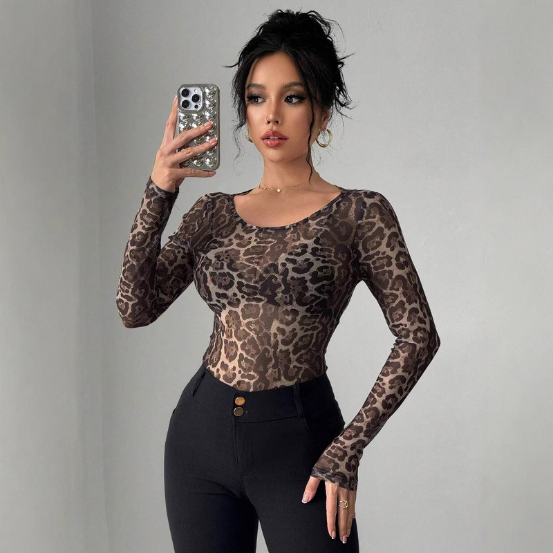 European and American Cross-Border Independent Website 2026 Autumn New Women's Fashion Transparent Leopard Print Mesh Round Neck Long-Sleeve Slim-Fit T-Shirt European and American Cross-Border Independent Website 2026 Autumn New Women's Fashion Transparent Leopard Print Mesh Round Neck Long-Sleeve Slim-Fit T-Shirt