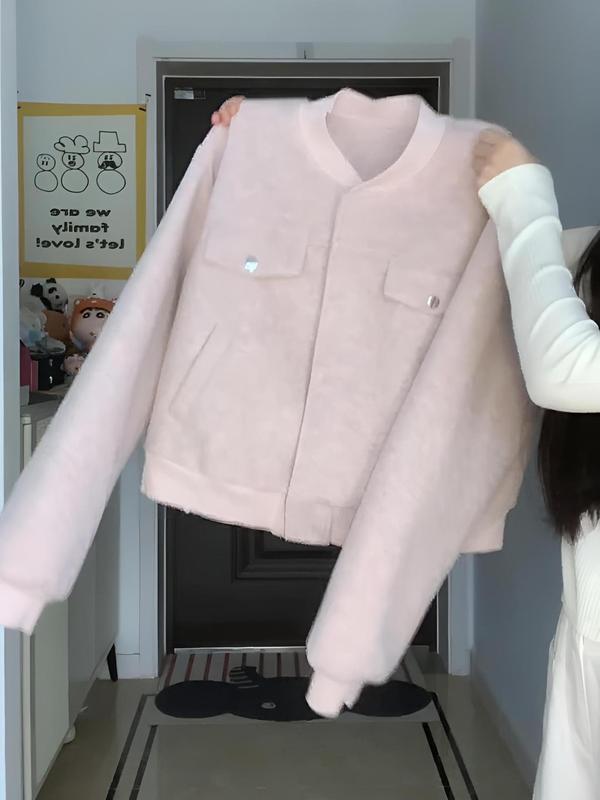 美式棒球服粉色毛呢外套女春秋季2025新款开衫小个子短款夹克上衣|undefined