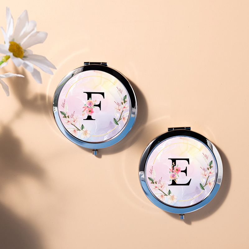 Metal Round Pocket Mirror with Floral Letter Initial, Foldable Compact Mirror, Gift Small Makeup Mirror, Portable Mini