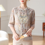 Mom 2024 New Chiffon Shirt New Chinese Women's Short Sleeve Top Middle-aged Women's Spring and Summer National Style Small Shirt