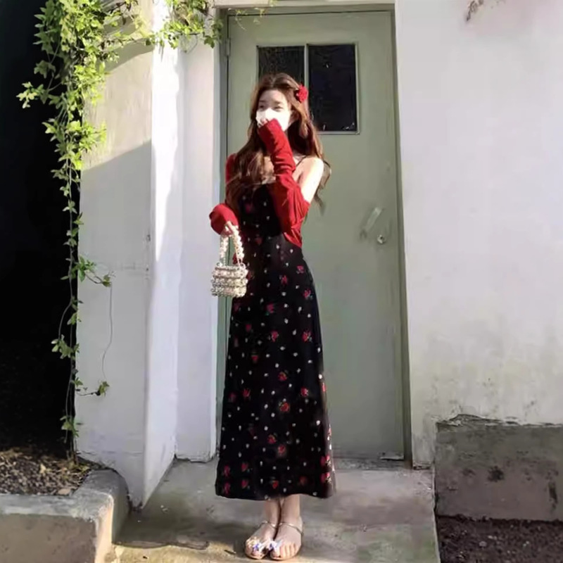 2026 Summer New Black and Red French Floral Waist-Cinching Outfit with Suspender Dress + Cardigan Two-Piece Set for Women 2026 Summer New Black and Red French Floral Waist-Cinching Outfit with Suspender Dress + Cardigan Two-Piece Set for Women