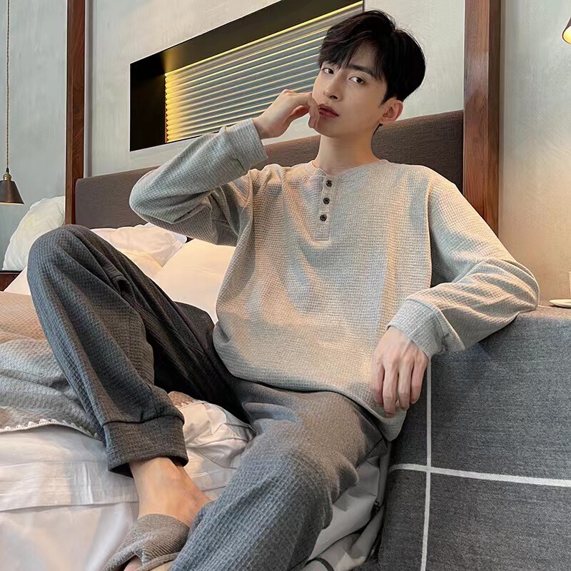 Waffles Pajamas Men's Cotton Spring and Autumn New Style Long Sleeve Young Men's Home Clothes suit High-end Wearing