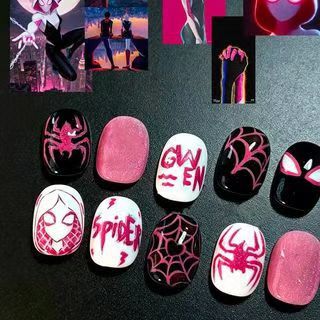 Black, white, and pink Spider-Man Gwen fan-made press-on nails, Gwen's sweet and cool style, beautiful fake nail patches, direct wholesale from cross-border factory