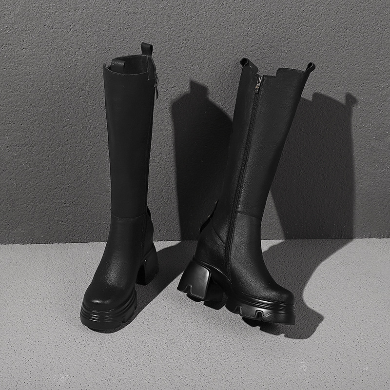 Boot nữ cổ cao ôm bắp chân mũi tròn, đế dày khâu chỉ, gót trong 10 cm — Nhung kaki sâu chi tiết 12