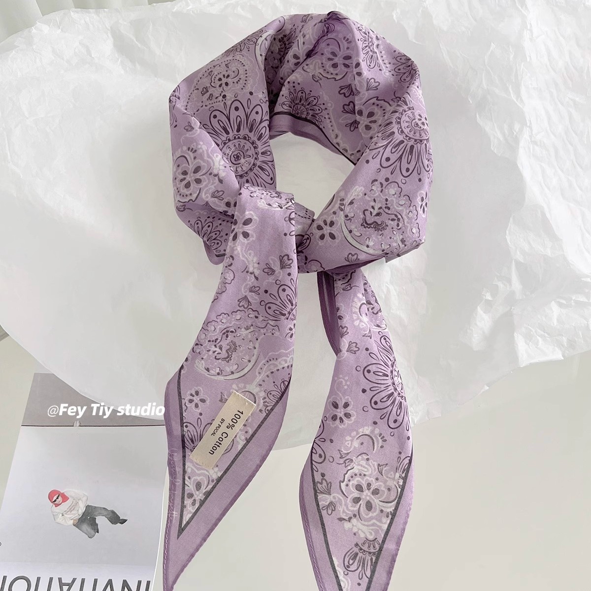 Pañuelo triangular de seda y algodón puro, color morado claro, con diseño paisley, versátil y elegante, nuevo pañuelo triangular para la cabeza, primavera/verano