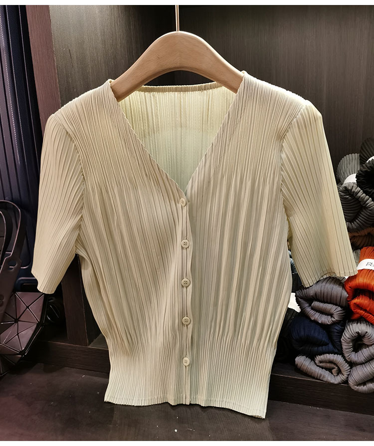 Áo cardigan cổ chữ V tay ngắn nữ phối nút đơn chất liệu mỏng mùa xuân hè — Màu xanh lục nhạt, Màu đen, Màu tím nhạt, Màu hồng chi tiết 15