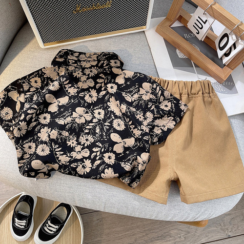 Children's summer new floral suit short-sleeved printed retro shirt boy's summer cardigan fashionable shorts two pieces