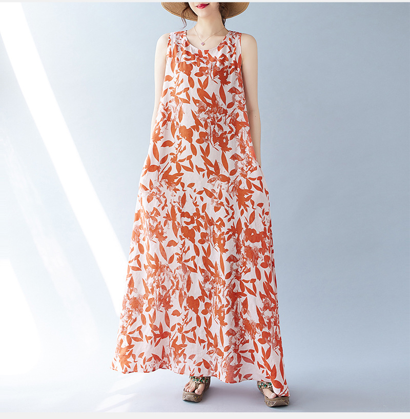 Real Shot Of The 2024 Summer New Bohemian Artistic Loose Sleeveless Round-neck Printed Mid-length Dress For Women_ecoleips.com