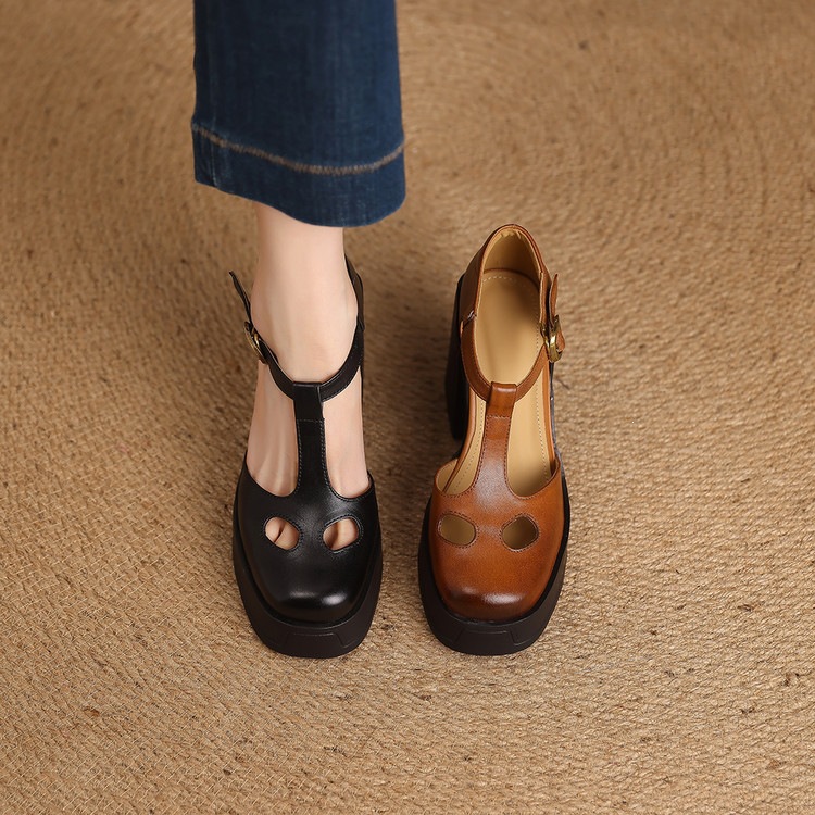 Sandal nữ đế xuồng platform gót vuông phong cách vintage khóa kim loại — màu nâu, màu đen chi tiết 43