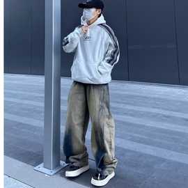 美式高街弯刀街舞牛仔裤复古渐变解构拼接阔腿裤子潮牌工装裤潮流