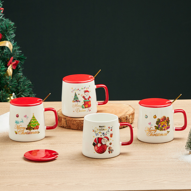 Taza de cerámica de Navidad con tapa cuchara nueva caja de regalo de Navidad de dibujos animados creativa transfronteriza