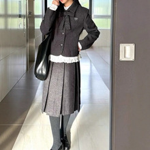日系复古学院风灰色毛呢连衣裙子女2025秋冬新款收腰气质长裙套装