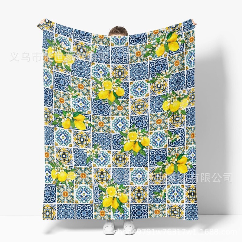 Spring and Summer Flannel Blanket, Retro Lemon Jasmine Leaf Pattern, Blue and Yellow Soft Plush Comfortable Wool Blanket