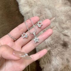 S925 スターリングシルバーライト高級かわいいフルダイヤモンドスターネックレスイヤリングスパークリング鎖骨チェーンデイリージュエリーセット女性用