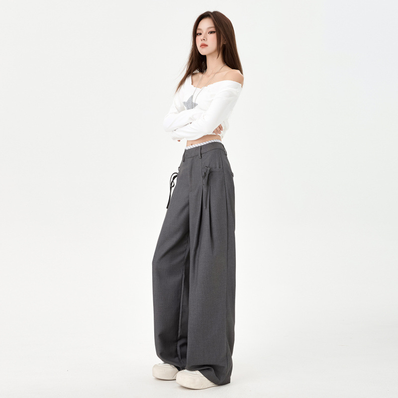 TXJ Korean-style gray bow-tie casual pants for women 2026, drapey loose straight wide-leg suit trousers