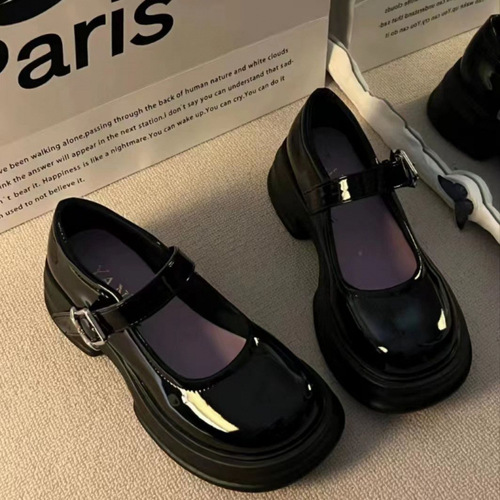 French high-heeled Mary Jane shoes for women, retro style matching skirts, one-piece buckle, versatile bow detail, thick sole, chunky heels, small leather shoes