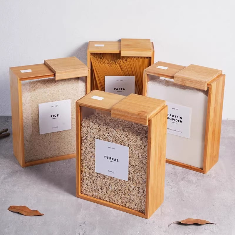 木製キッチン米穀物保存ボックススライド式蓋穀物ディスペンサーアクリル透明収納ボックス新モデル|undefined