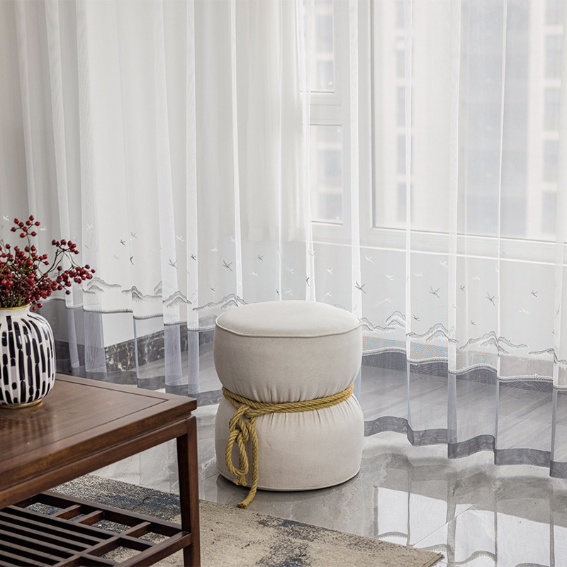 2F New Chinese Style Country Finished Curtains Sheer Curtains Bedroom Balcony Landscape Painting Embroidered Flowers New Model Living Room Bay Window