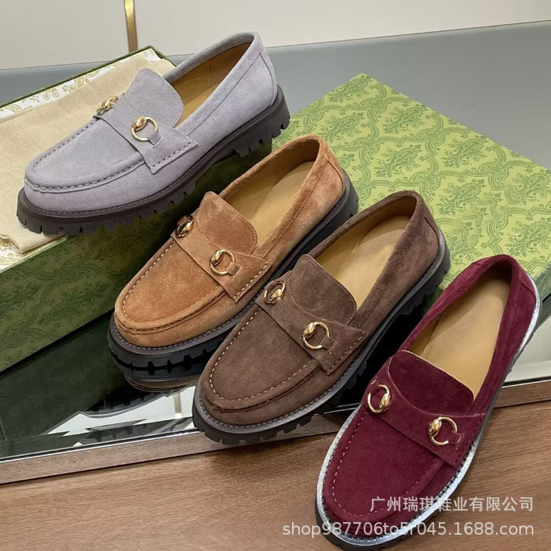 2025 Early Spring New Women's Shoes Cow Suede Horsebit Buckle Round Toe Thick Sole Pine Fashion Versatile Casual Comfortable Shoes 2025 Early Spring New Women's Shoes Cow Suede Horsebit Buckle Round Toe Thick Sole Pine Fashion Versatile Casual Comfortable Shoes