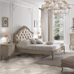 French Pure Solid Wood Carved Princess Bed, Italian Court Fabric Button Double Bed, American High-Back Master Bedroom Wedding Bed