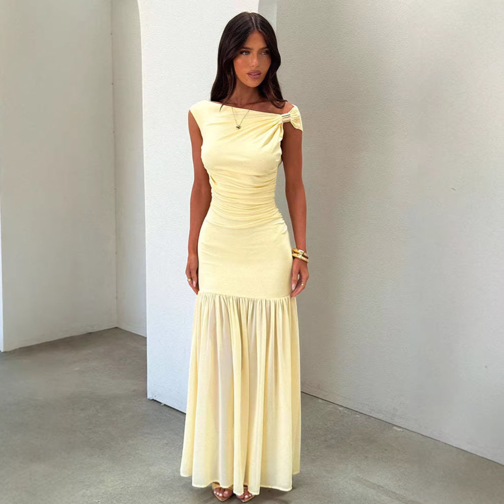 Women's Fashion One-Shoulder Long Dress European American Style Metal Knot Waist Cinching Mesh Patchwork Formal Dress_ecoleips.com