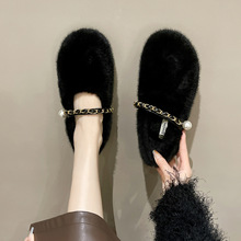 平底毛毛鞋女冬季外穿2025年新款休闲一字带瓢鞋浅口豆豆棉鞋