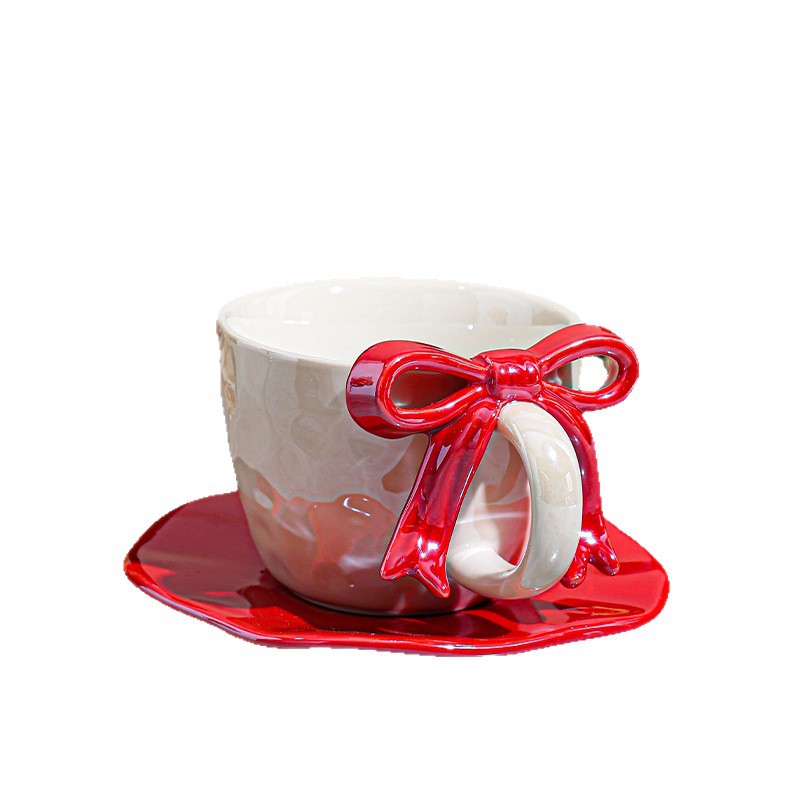 Cross-Border Coffee And Saucer Set With Bowknot, Unique Design Ceramic Mug, High-Value Aesthetic Water Cup For Women_voghion.com
