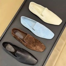 现货秒发~法式复古真皮斜切方头通勤鞋简约懒人一脚蹬平底单鞋女