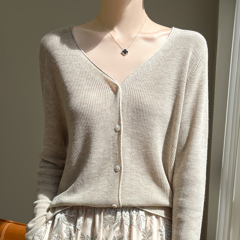 Spring and Summer New Arrival Worsted Wool Knitted Cardigan Women's V-neck Thin Loose All-match Roll-up Long-sleeved Sunscreen Air-conditioning Shirt